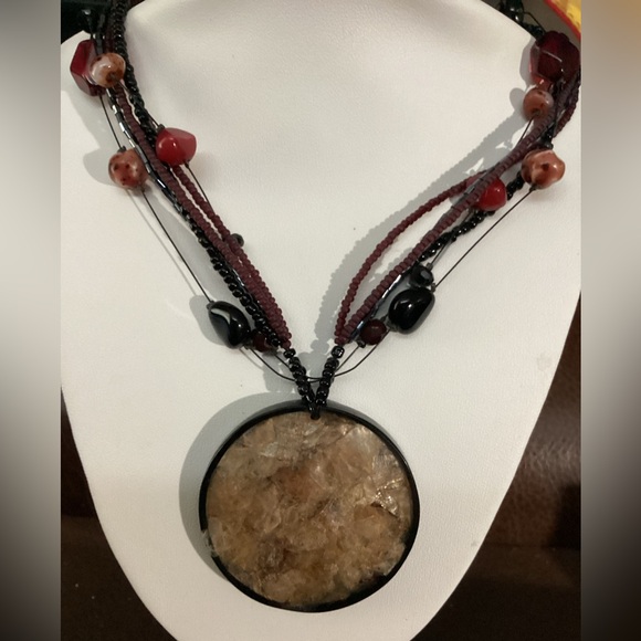 Chico's Jewelry - Chico's Gun Metal Gray Red Black Bead Pink Mica Acrylic Pendant Necklace 1633